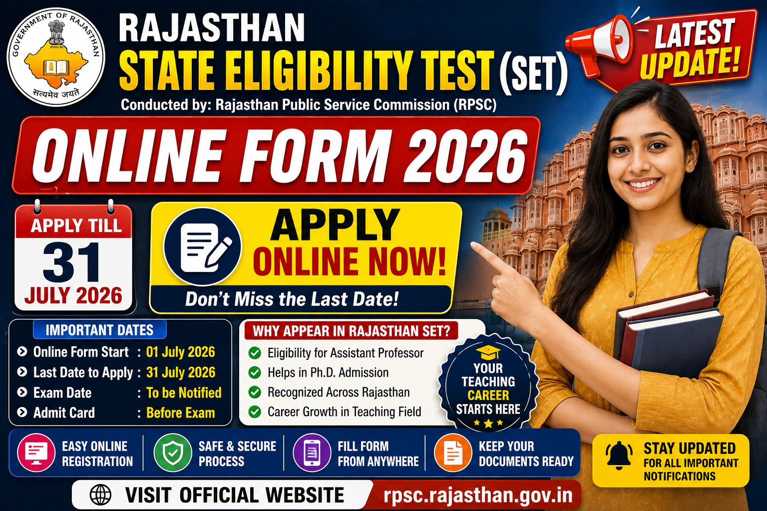 Rajasthan State Eligibility Test (SET) Online Form 2026: Apply Till 31 July